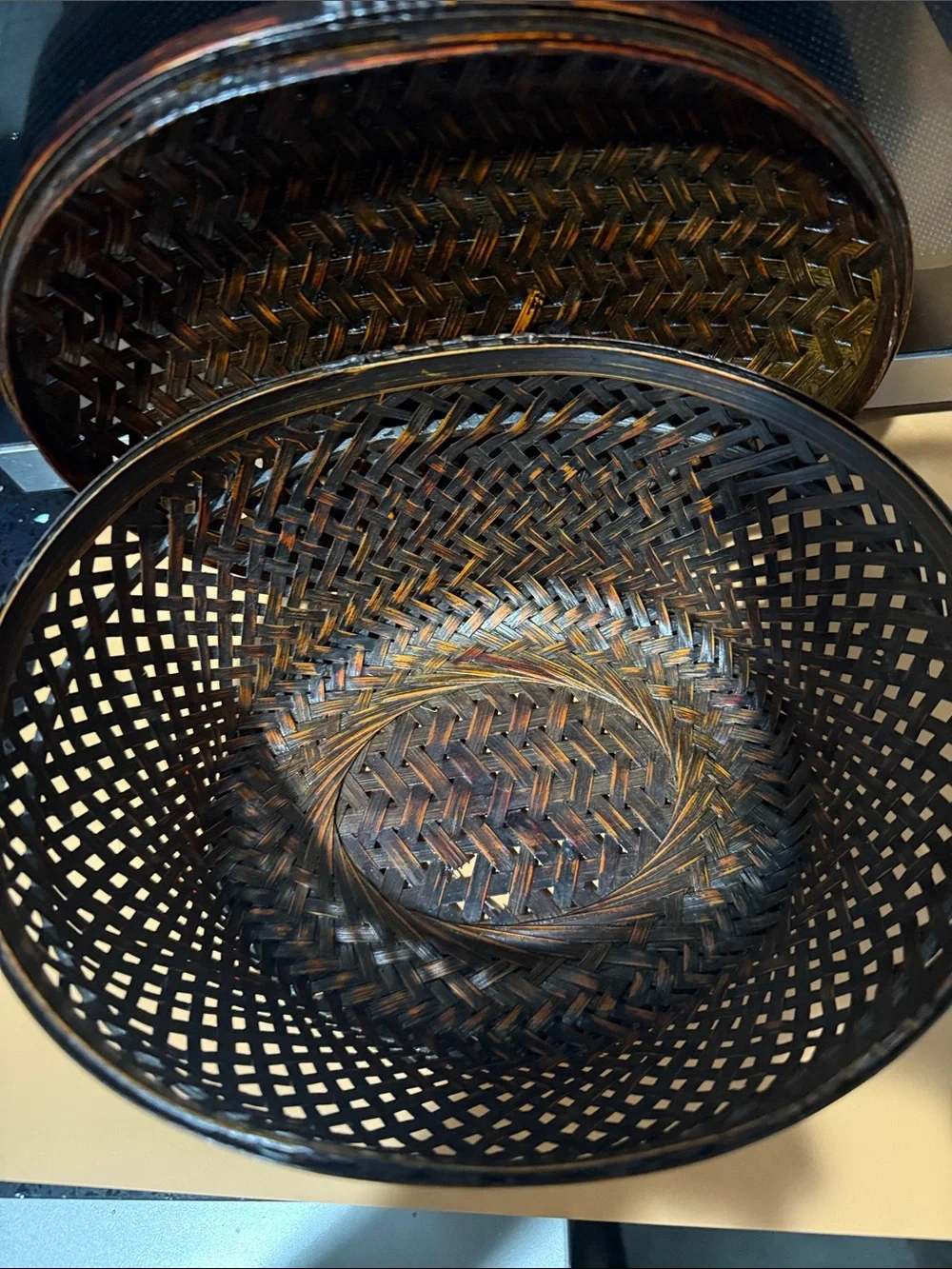 Woven Round Lidded Basket - Brown - 10”x5”